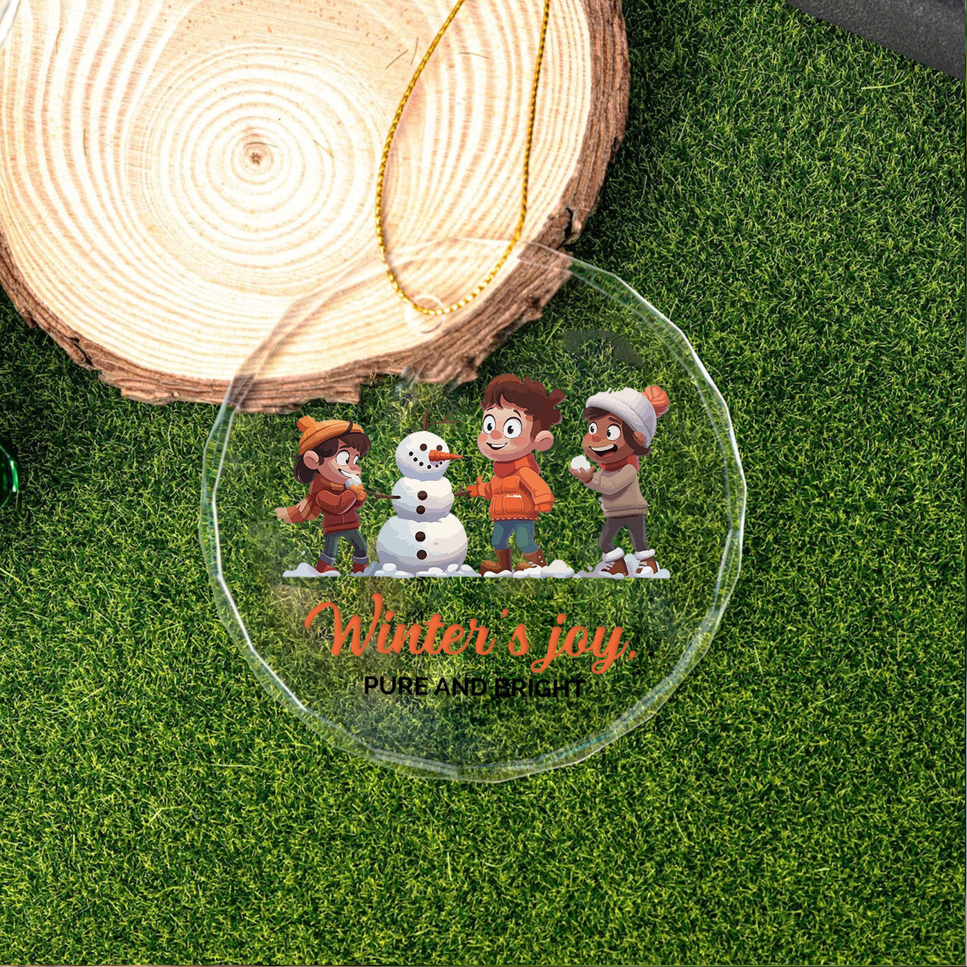 Snow Day Fun Christmas | Kids Building a Snowman | Glass Ornament